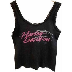 Vtg 90s 3D Emblem Harley Davidson Lace Crop Top Tank Medium Black Eagle 1990